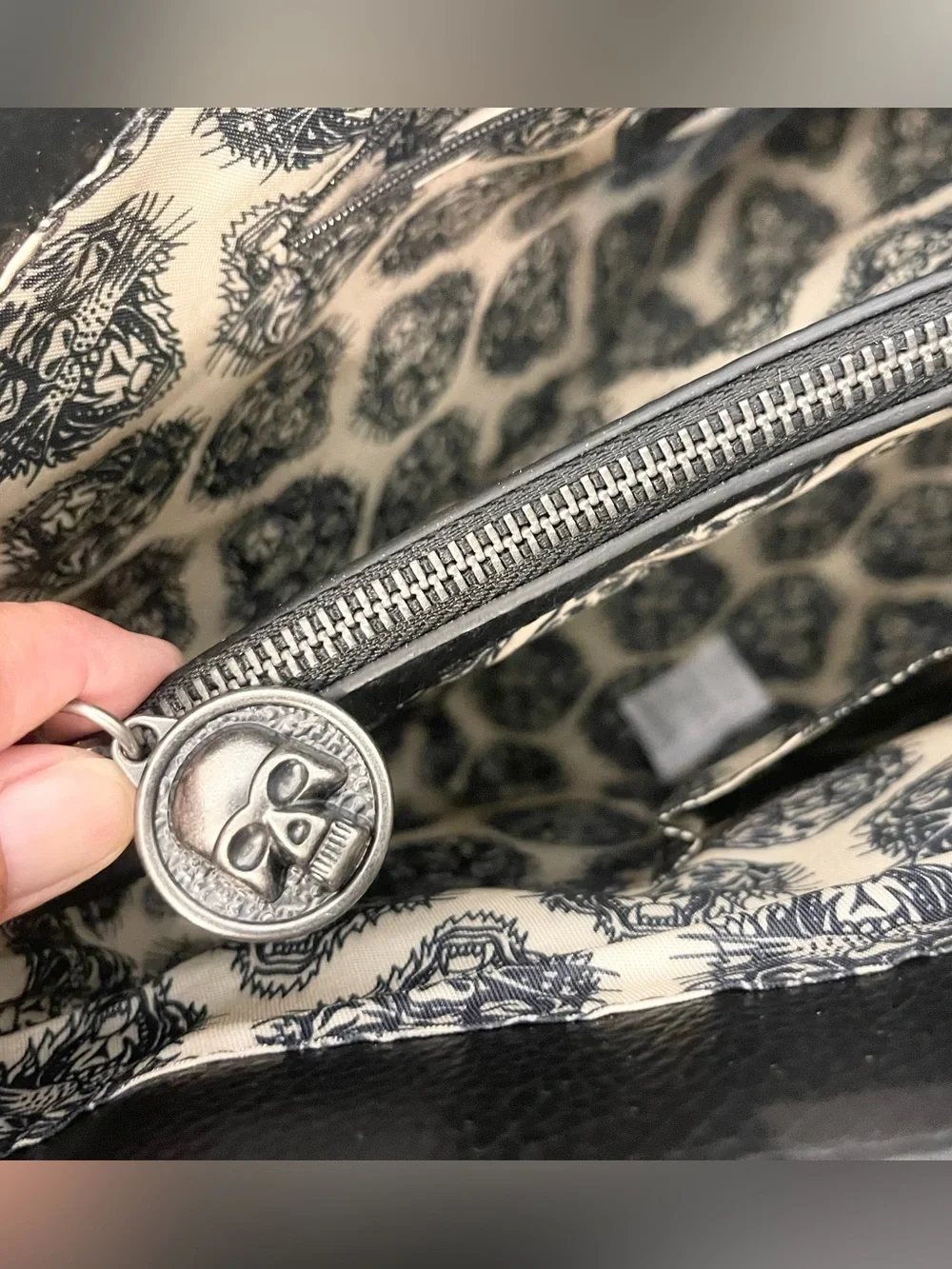 Ed Hardy Studded Black Tote with Silver Studs & Chain Charm